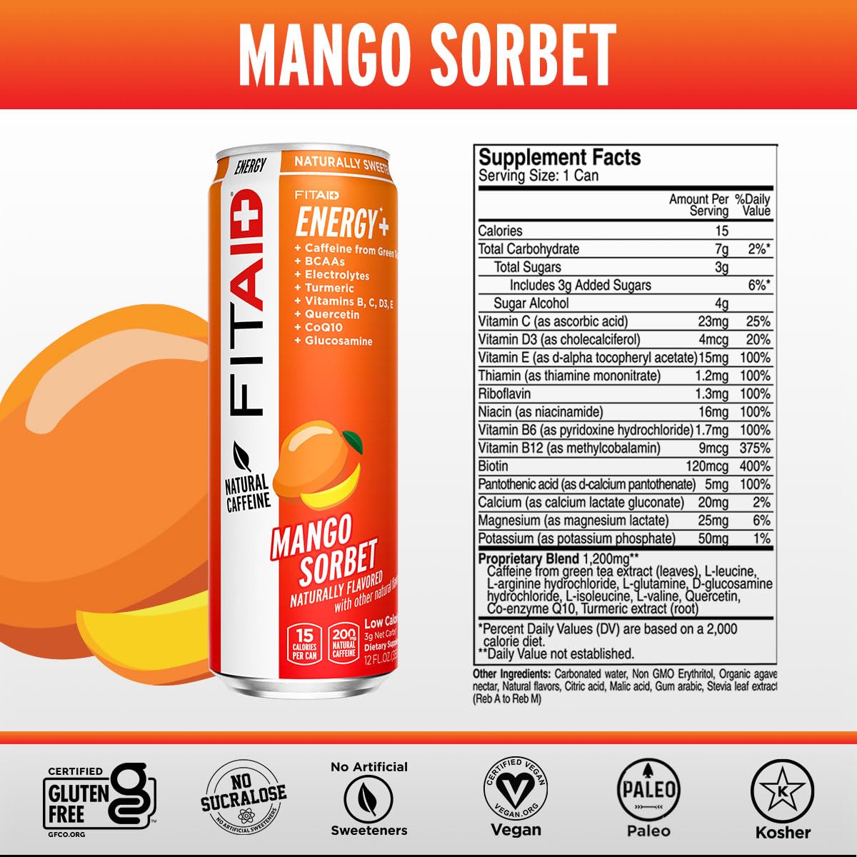 FITAID Mango Sorbet Energy 12 Fl Oz (Pack of 12)